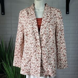 Loft Floral Print Linen Blend Modern Blazer size 12 Cream Pink Maroon